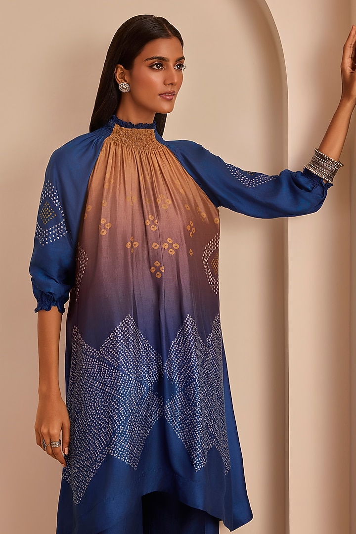 Blue & Ochre Vasansi Silk Bandhani Printed Kurta Set by Vasansi Jaipur at Pernia's Pop Up Shop