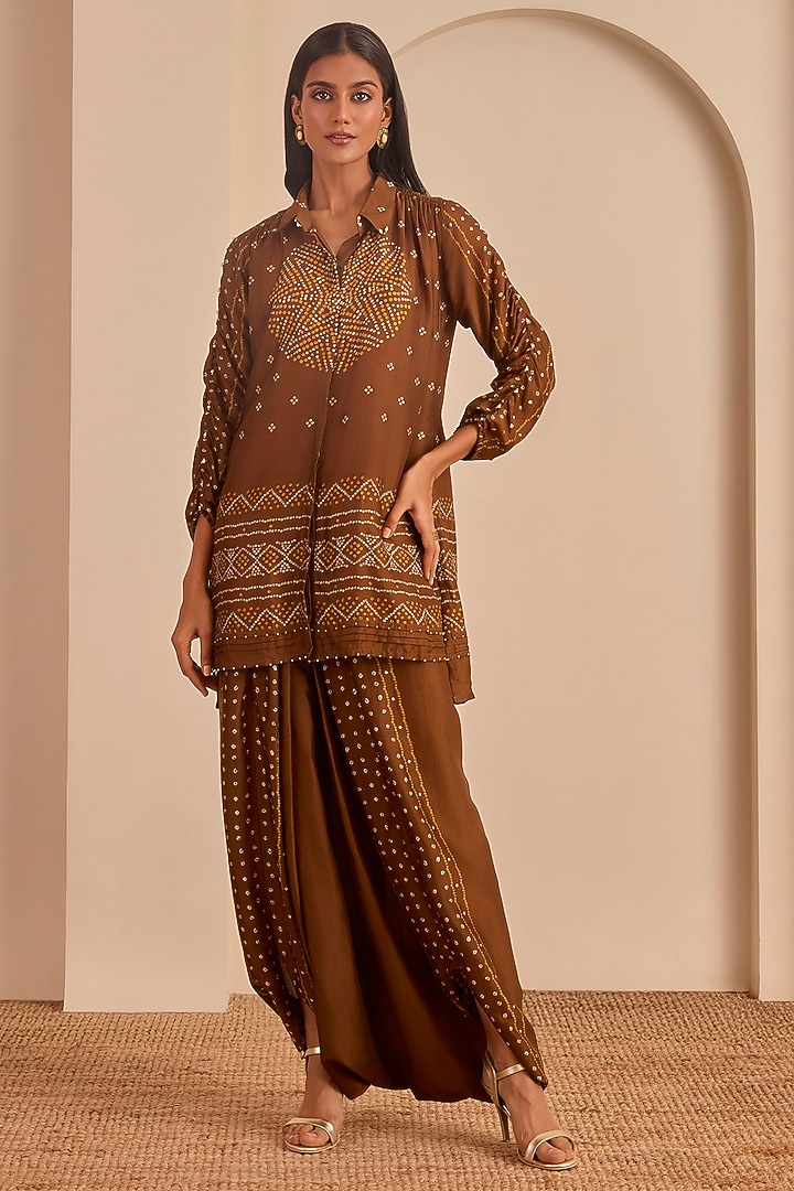 Brown Vasansi Silk Bandhani Printed Co-Ord Set by Vasansi Jaipur at Pernia's Pop Up Shop