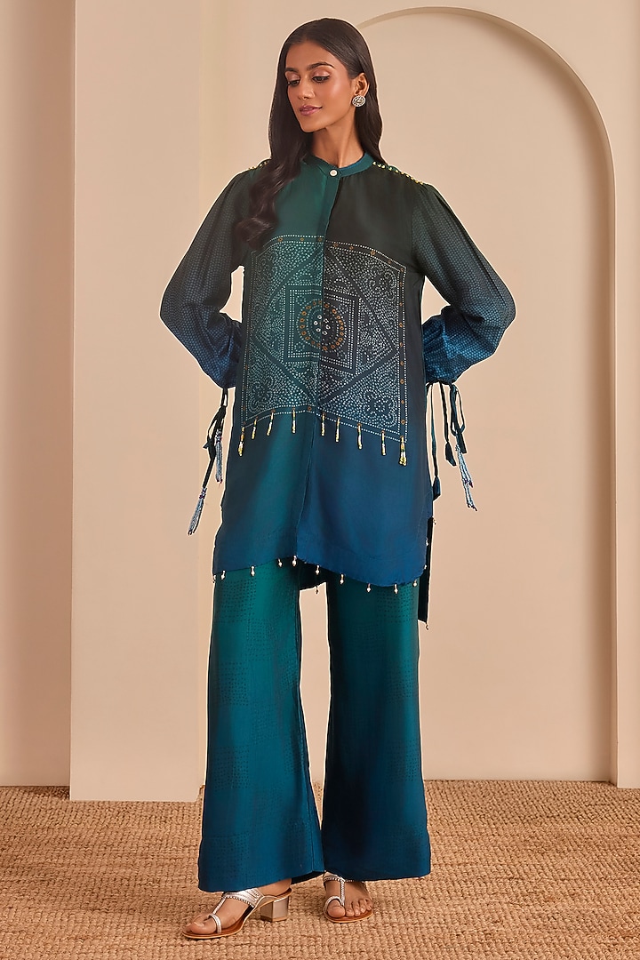 Bluish Cyan Vasansi Silk Bandhani Printed Co-Ord Set by Vasansi Jaipur at Pernia's Pop Up Shop