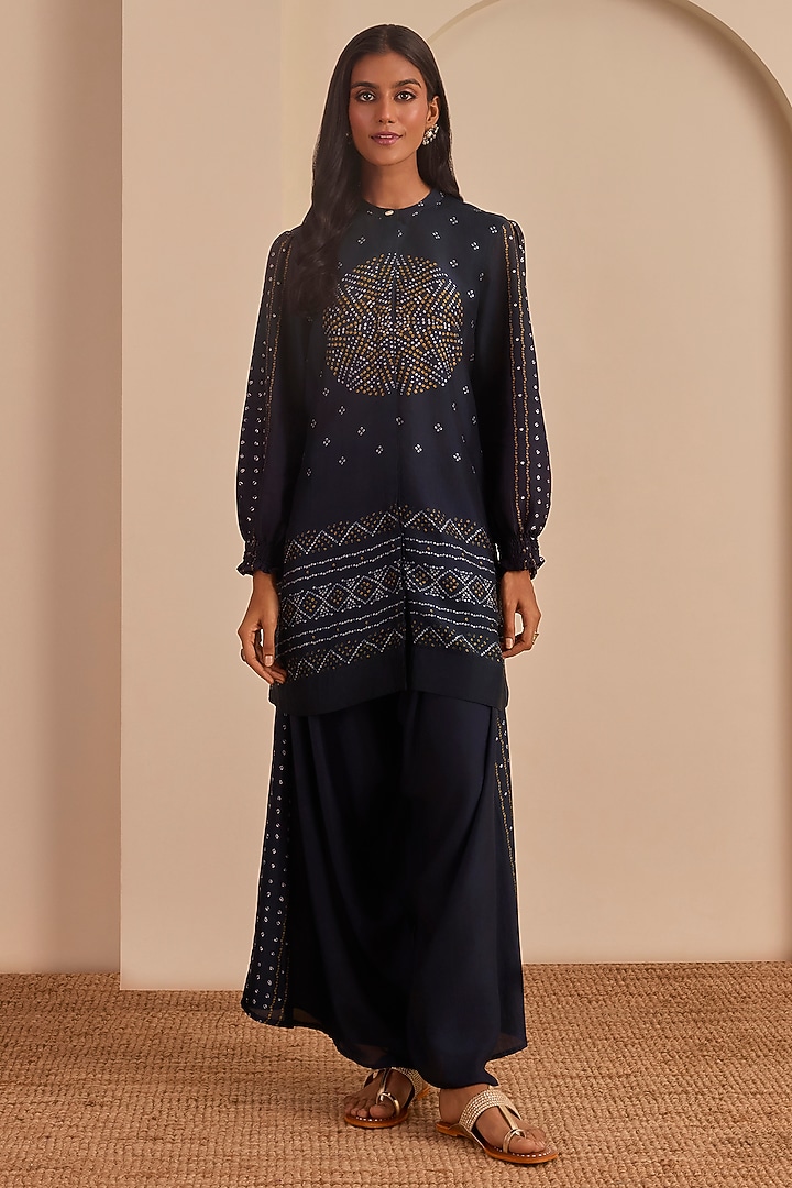 Charcoal Blue Vasansi Silk Printed Co-Ord Set by Vasansi Jaipur at Pernia's Pop Up Shop