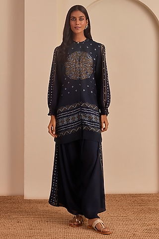 Charcoal Blue Vasansi Silk Printed Co-Ord Set by Vasansi Jaipur