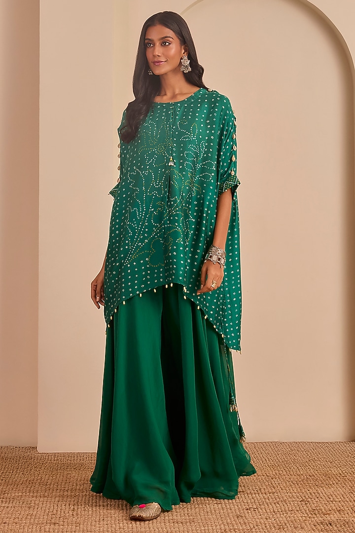 Green Vasansi Silk Bandhani Printed Sharara Set by Vasansi Jaipur at Pernia's Pop Up Shop