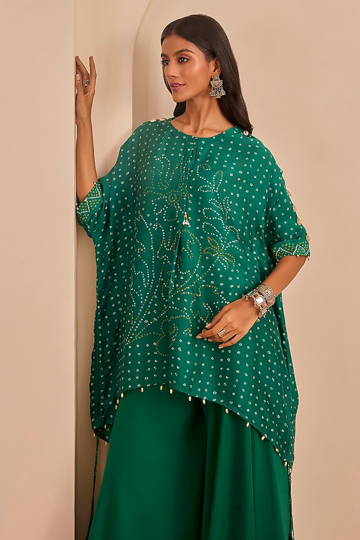 Green Vasansi Silk Bandhani Printed Sharara Set by Vasansi Jaipur at Pernia's Pop Up Shop