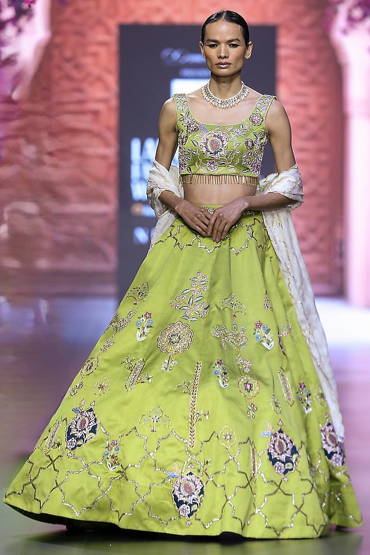 Green Linen Satin Hand & Machine Embroidered Bridal Lehenga Set by VikaByArvindAmpula at Pernia's Pop Up Shop