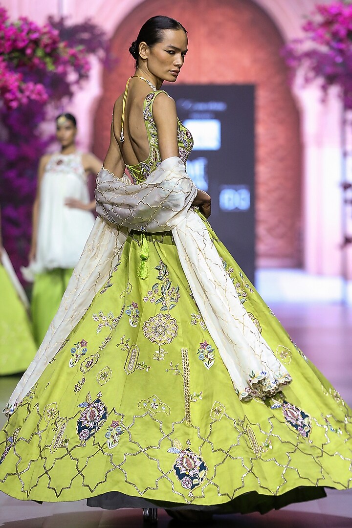 Green Linen Satin Hand & Machine Embroidered Bridal Lehenga Set by VikaByArvindAmpula at Pernia's Pop Up Shop