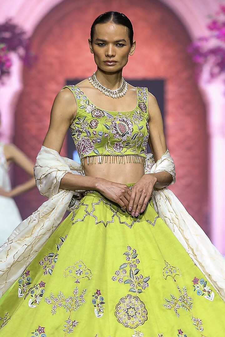 Green Linen Satin Hand & Machine Embroidered Bridal Lehenga Set by VikaByArvindAmpula at Pernia's Pop Up Shop