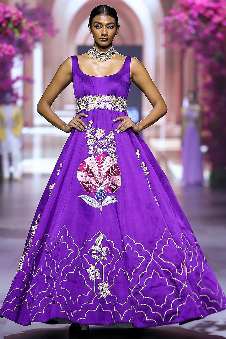 Purple Linen Satin Hand & Machine Embroidered Gown by VikaByArvindAmpula
