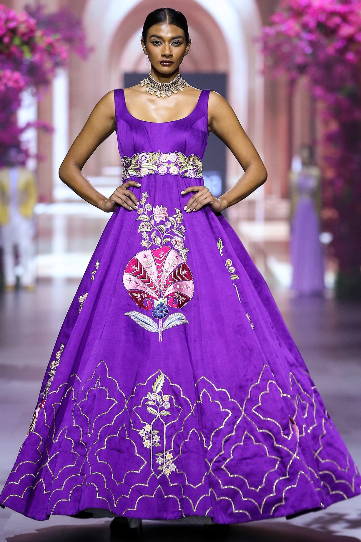 Purple Linen Satin Hand & Machine Embroidered Gown by VikaByArvindAmpula at  Pernia's Pop Up Shop 2026
