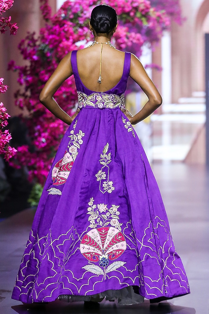 Purple Linen Satin Hand & Machine Embroidered Wedding Gown by VikaByArvindAmpula at Pernia's Pop Up Shop
