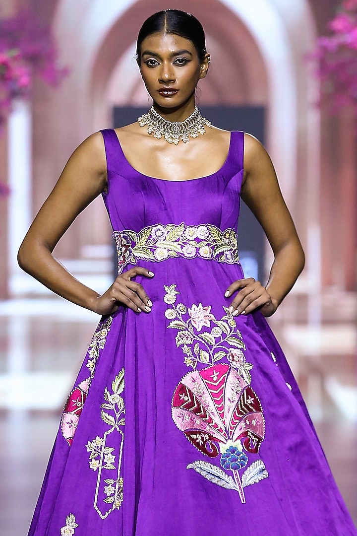 Purple Linen Satin Hand & Machine Embroidered Wedding Gown by VikaByArvindAmpula at Pernia's Pop Up Shop