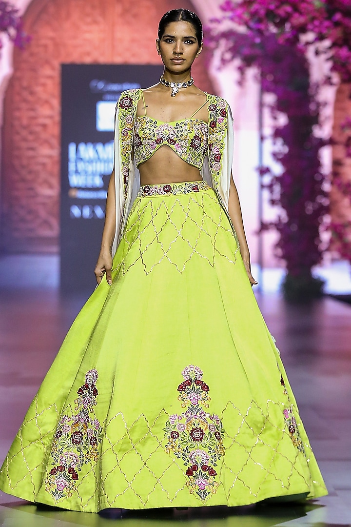 Green Linen Satin Hand & Machine Embroidered Lehenga Set by VikaByArvindAmpula