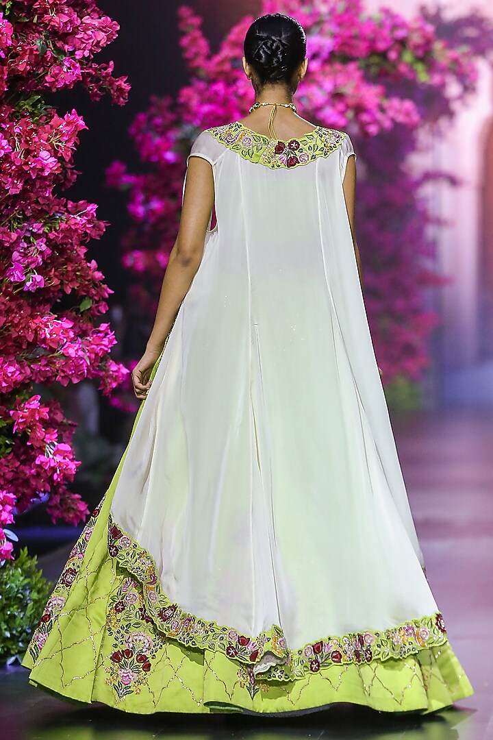Green Linen Satin Hand & Machine Embroidered Bridal Lehenga Set by VikaByArvindAmpula at Pernia's Pop Up Shop