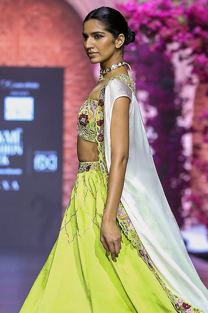 Green Linen Satin Hand & Machine Embroidered Bridal Lehenga Set by VikaByArvindAmpula at Pernia's Pop Up Shop