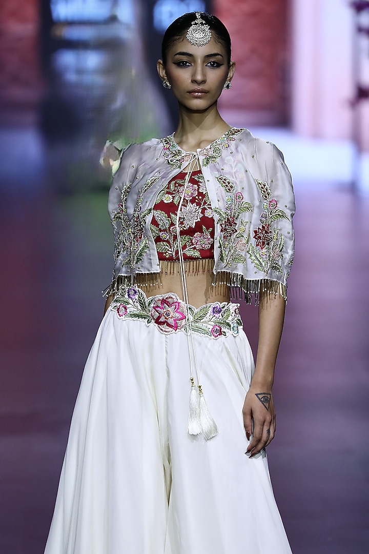 Ivory Linen Satin & Organza Wedding Sharara Set by VikaByArvindAmpula at Pernia's Pop Up Shop