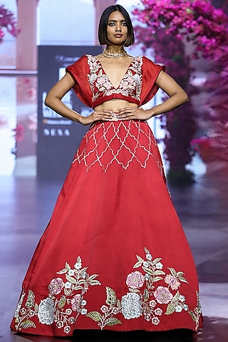 Red Linen Satin & Organza Hand Embroidered Lehenga Set by VikaByArvindAmpula