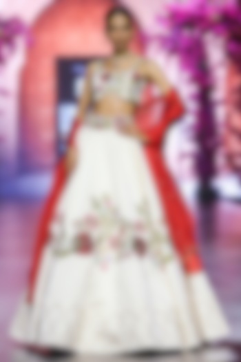 White Linen Satin & Organza Hand Embroidered Lehenga Set by VikaByArvindAmpula