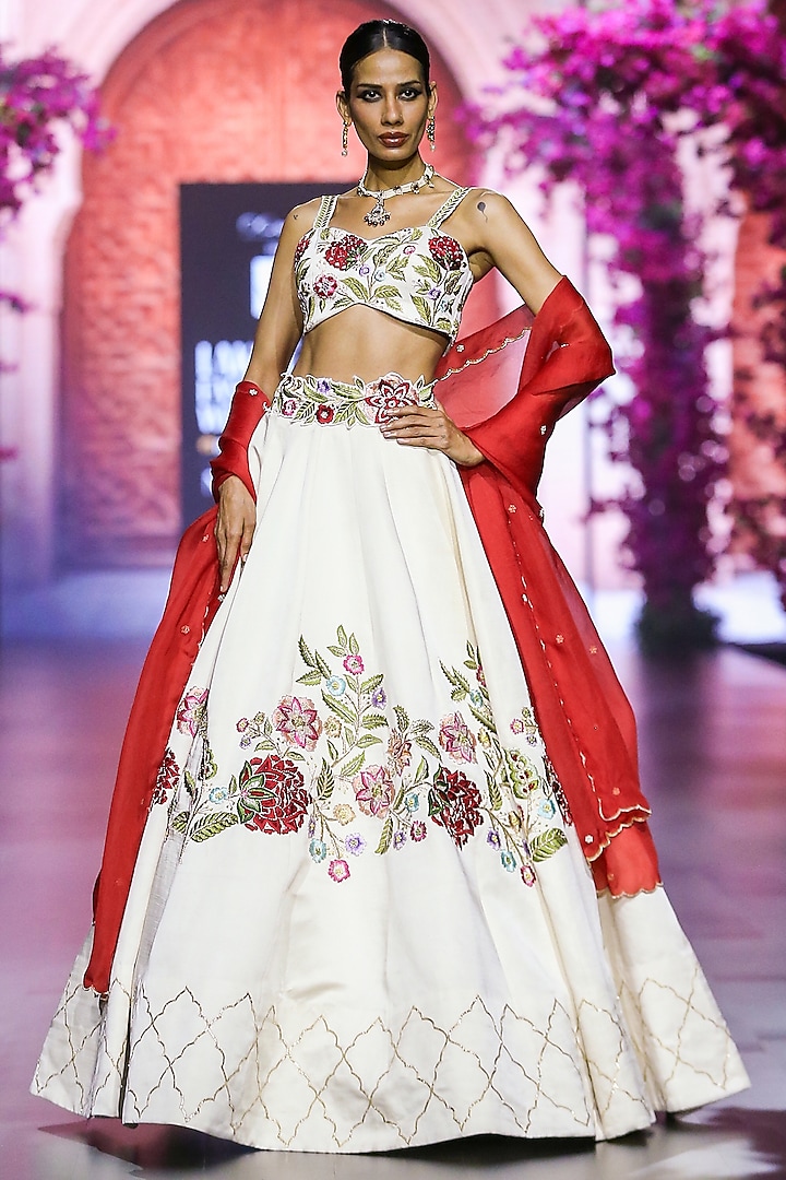 White Linen Satin & Organza Hand Embroidered Lehenga Set by VikaByArvindAmpula