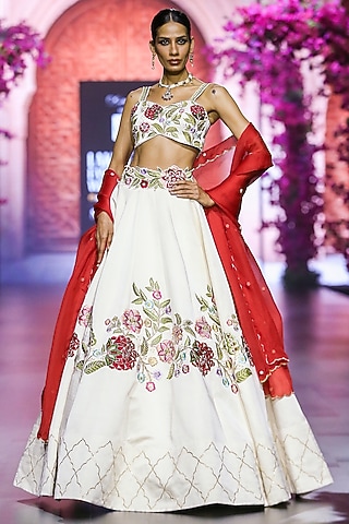 White Linen Satin & Organza Hand Embroidered Lehenga Set by VikaByArvindAmpula