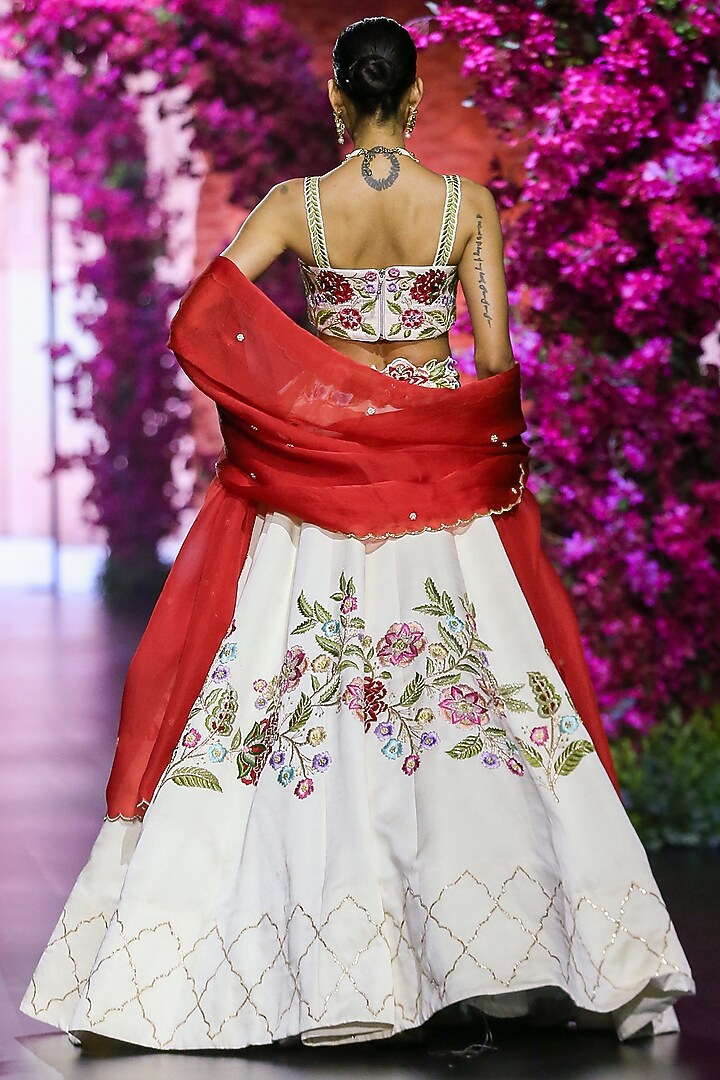 White Linen Satin & Organza Hand Embroidered Bridal Lehenga Set by VikaByArvindAmpula at Pernia's Pop Up Shop
