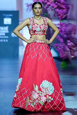 Red Linen Satin Hand & Machine Embroidered Lehenga Set by VikaByArvindAmpula