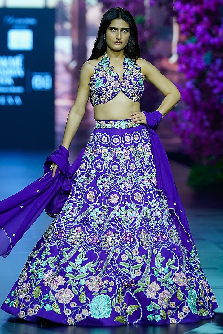 Blue Linen Satin Hand & Machine Embroidered Bridal Lehenga Set by VikaByArvindAmpula at Pernia's Pop Up Shop