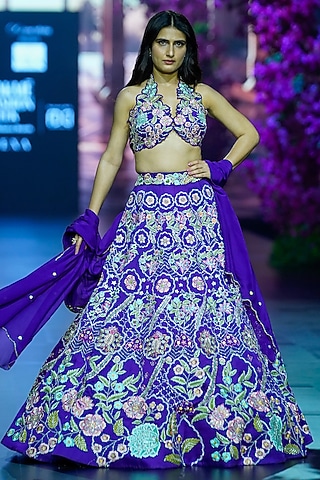 Blue Linen Satin Hand & Machine Embroidered Lehenga Set by VikaByArvindAmpula