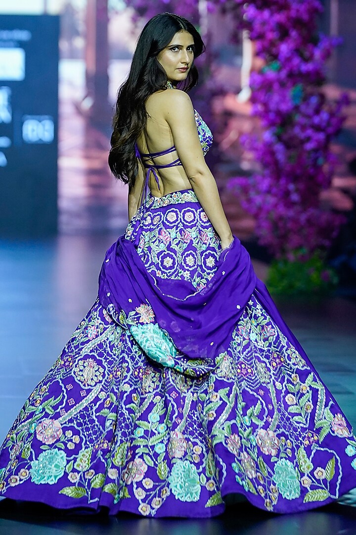Blue Linen Satin Hand & Machine Embroidered Bridal Lehenga Set by VikaByArvindAmpula at Pernia's Pop Up Shop