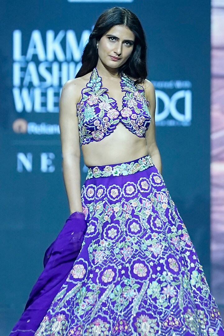 Blue Linen Satin Hand & Machine Embroidered Bridal Lehenga Set by VikaByArvindAmpula at Pernia's Pop Up Shop
