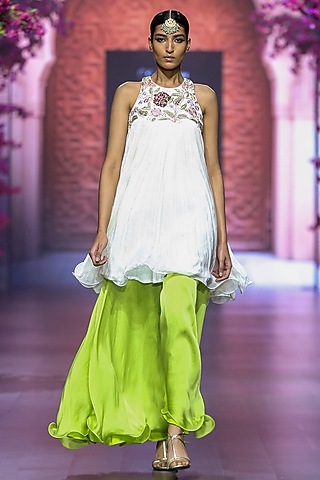 Green Linen Satin & Organza Sharara Set by VikaByArvindAmpula