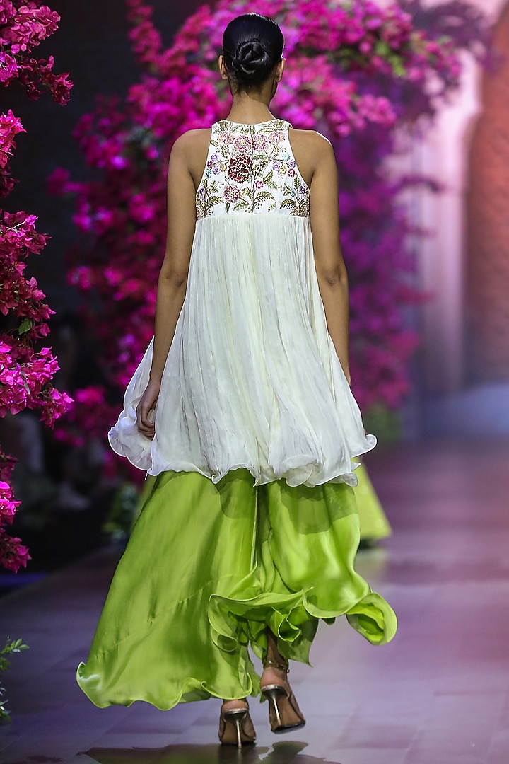 Green Linen Satin & Organza Wedding Sharara Set by VikaByArvindAmpula at Pernia's Pop Up Shop
