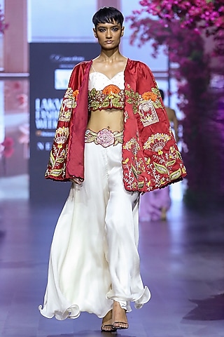 Red Linen Satin Hand & Machine Embroidered Cape Set by VikaByArvindAmpula