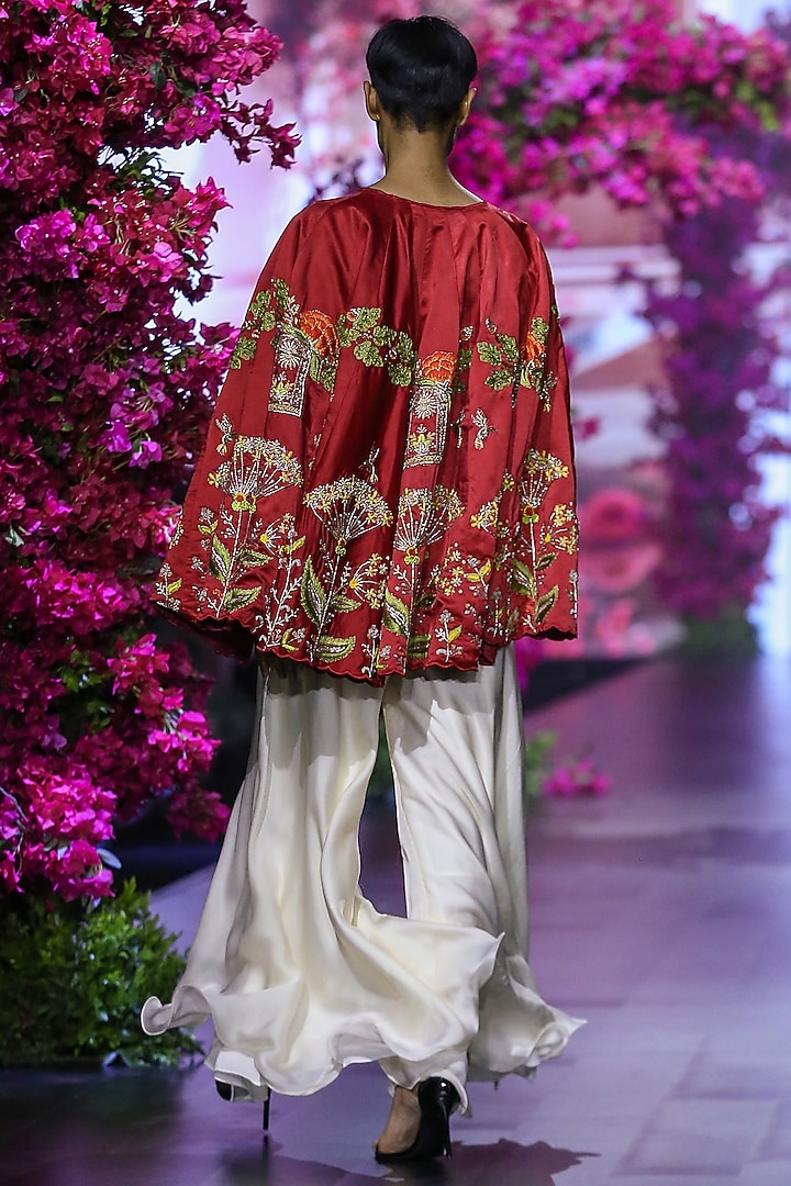 Red Linen Satin Hand & Machine Embroidered Cape Set by VikaByArvindAmpula at Pernia's Pop Up Shop