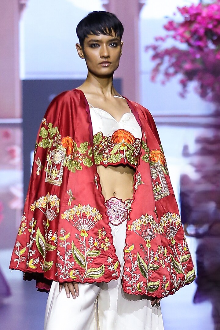 Red Linen Satin Hand & Machine Embroidered Cape Set by VikaByArvindAmpula at Pernia's Pop Up Shop