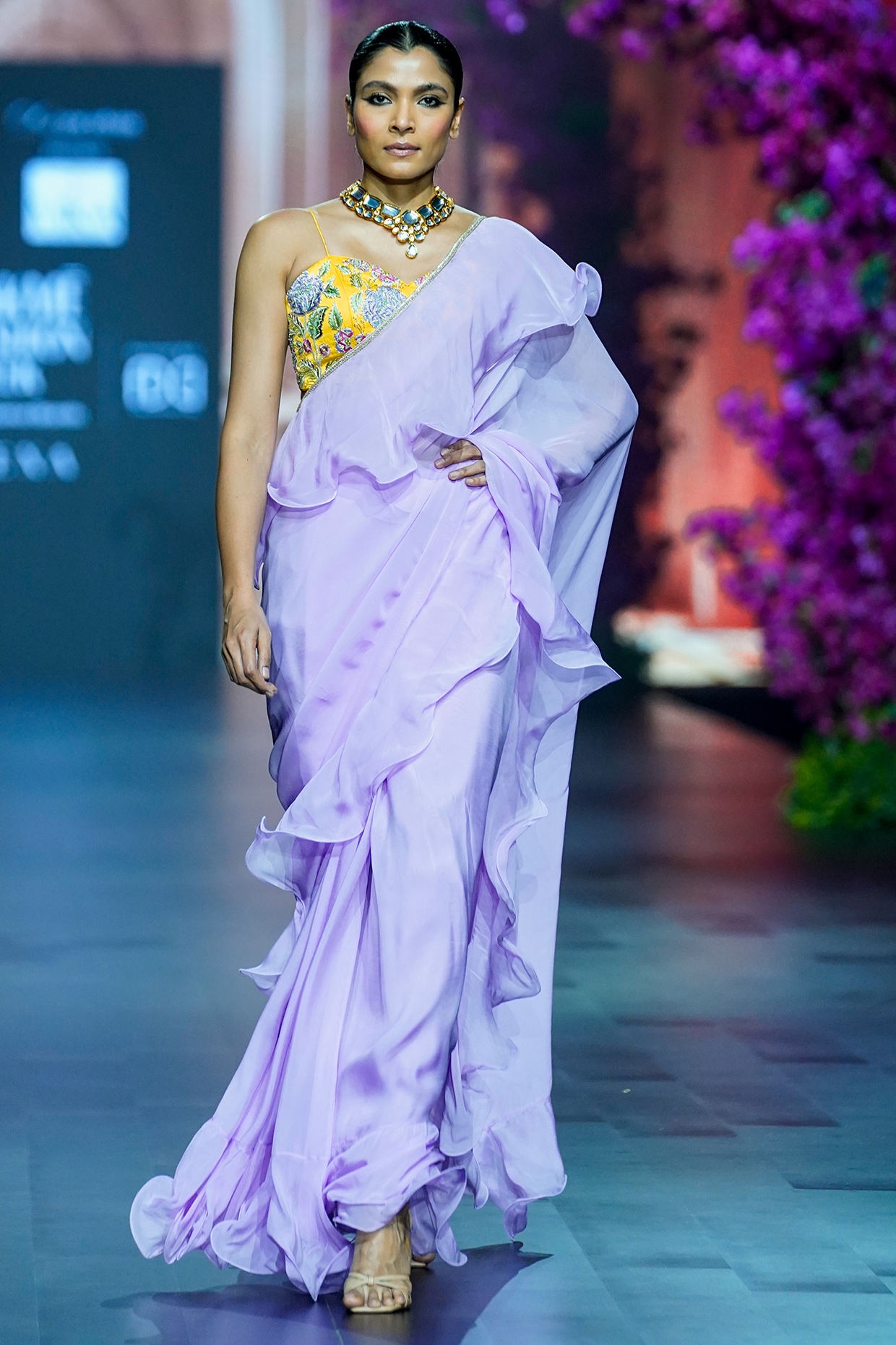 light violet colour saree contrast blouse