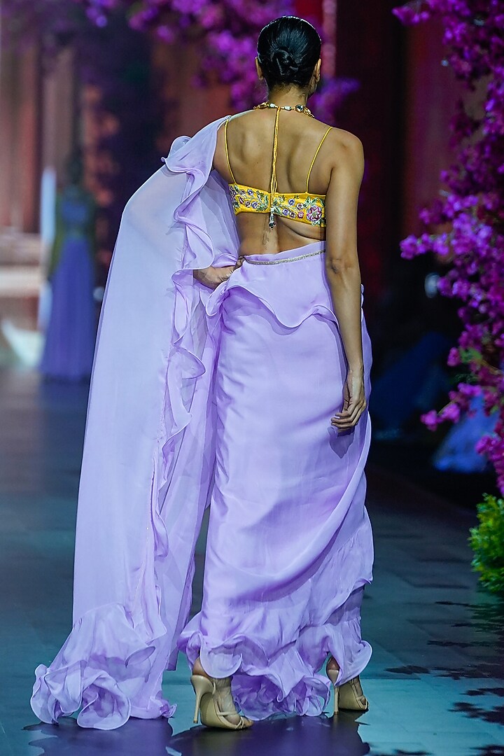 Light Purple Organza Ruffled Wedding Saree Set by VikaByArvindAmpula at Pernia's Pop Up Shop