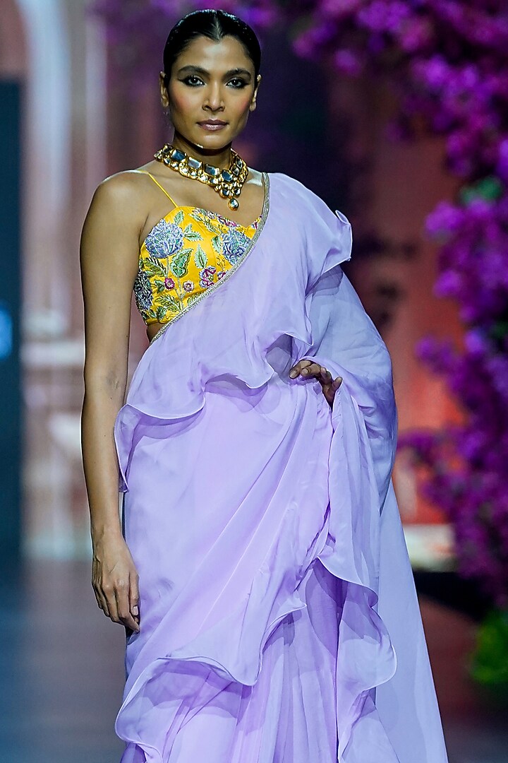 Light Purple Organza Ruffled Wedding Saree Set by VikaByArvindAmpula at Pernia's Pop Up Shop