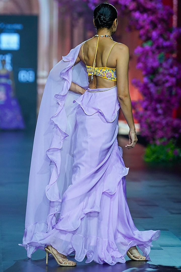 Light Purple Organza Ruffled Wedding Saree Set by VikaByArvindAmpula at Pernia's Pop Up Shop