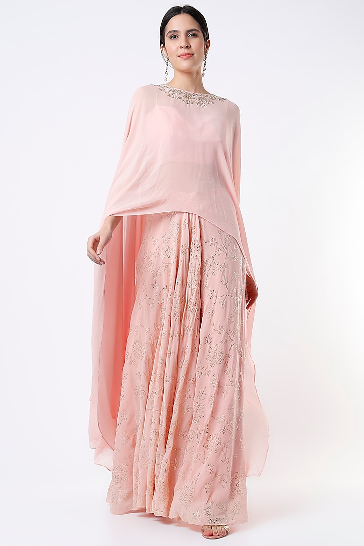 Baby Pink Sharara Set With Cape by Vikram Phadnis