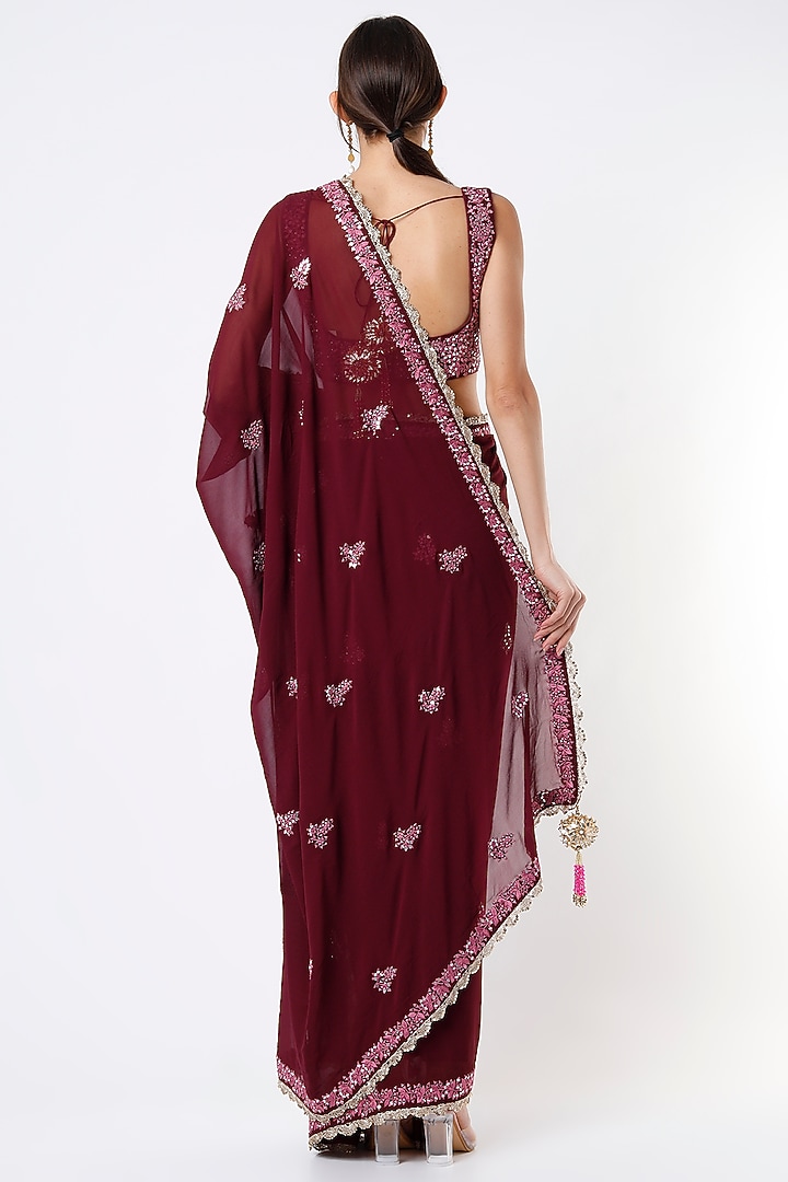 Wine Embroidered Pant Wedding Saree Set by Vikram Phadnis at Pernia's Pop Up Shop