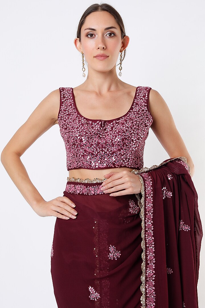 Wine Embroidered Pant Wedding Saree Set by Vikram Phadnis at Pernia's Pop Up Shop