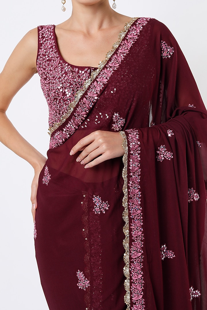 Wine Embroidered Pant Wedding Saree Set by Vikram Phadnis at Pernia's Pop Up Shop