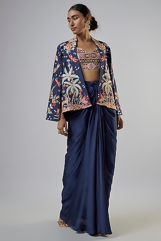 Navy Blue Silk Abstract Embroidered Jacket Set by Vikram Phadnis