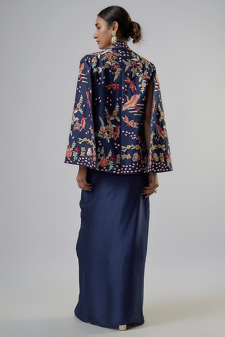 Navy Blue Silk Abstract Embroidered Jacket Set by Vikram Phadnis at Pernia's Pop Up Shop