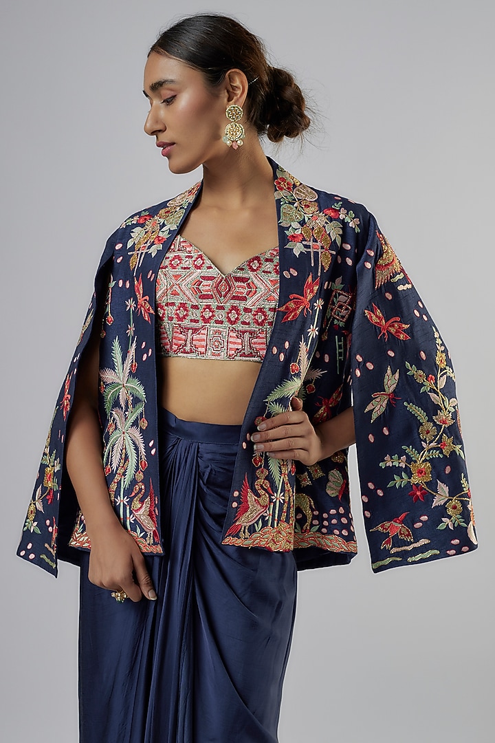 Navy Blue Silk Abstract Embroidered Jacket Set by Vikram Phadnis at Pernia's Pop Up Shop
