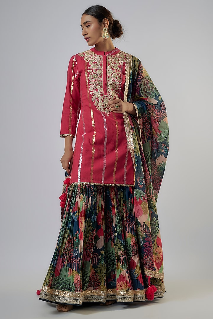 Multi-Colored Mul Cotton Printed Sharara Set by Vikram Phadnis