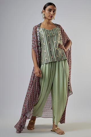 Pink Crepe Satin Printed Cape Set by Vikram Phadnis