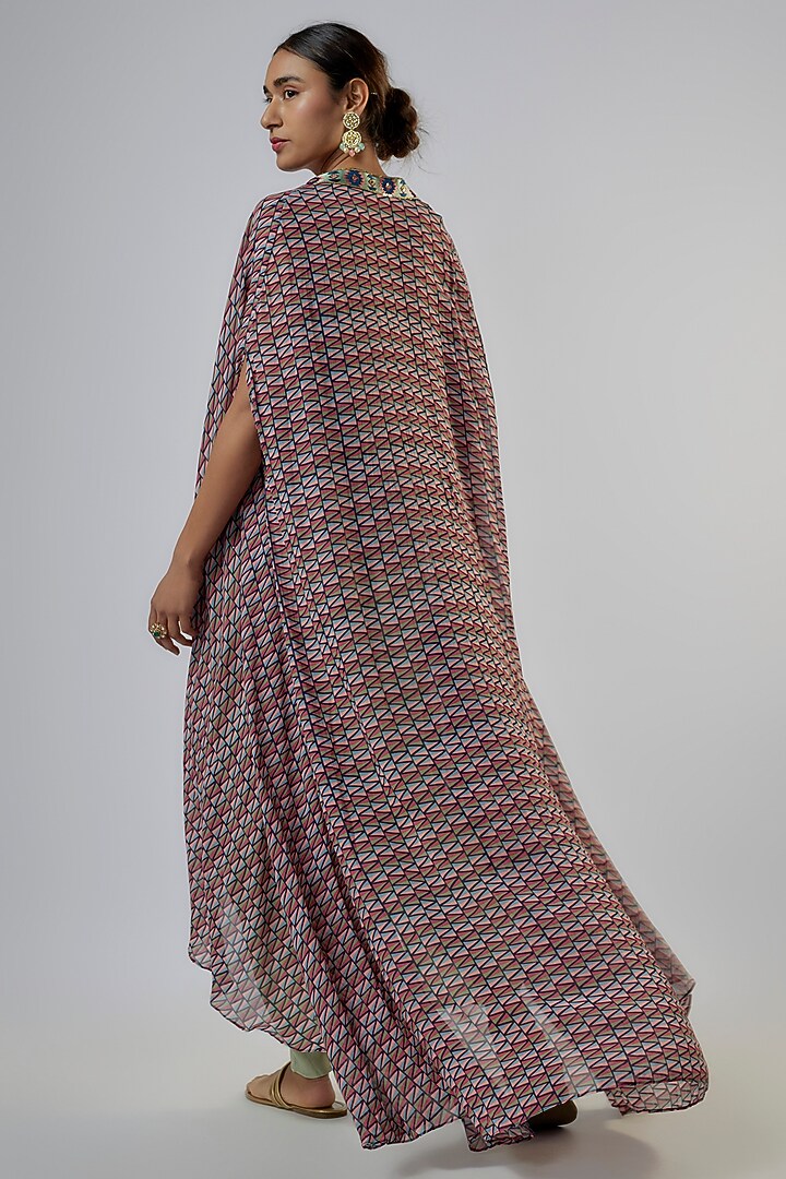 Pink Crepe Satin Printed Cape Set by Vikram Phadnis at Pernia's Pop Up Shop
