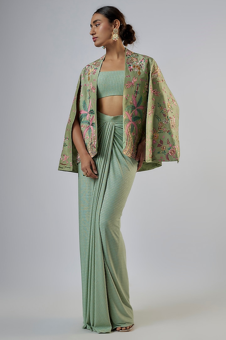 Sage Textured Lycra Draped Skirt Set by Vikram Phadnis at Pernia's Pop Up Shop