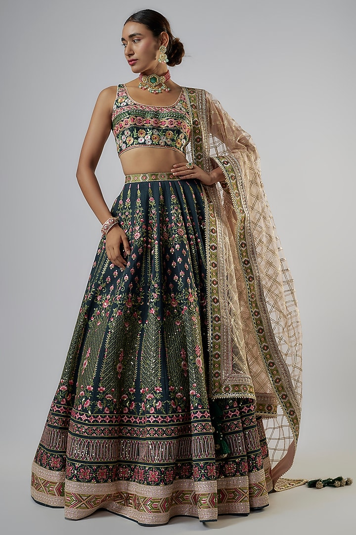 Navy Blue New Silk Thread Embroidered Bridal Lehenga Set by Vikram Phadnis at Pernia's Pop Up Shop