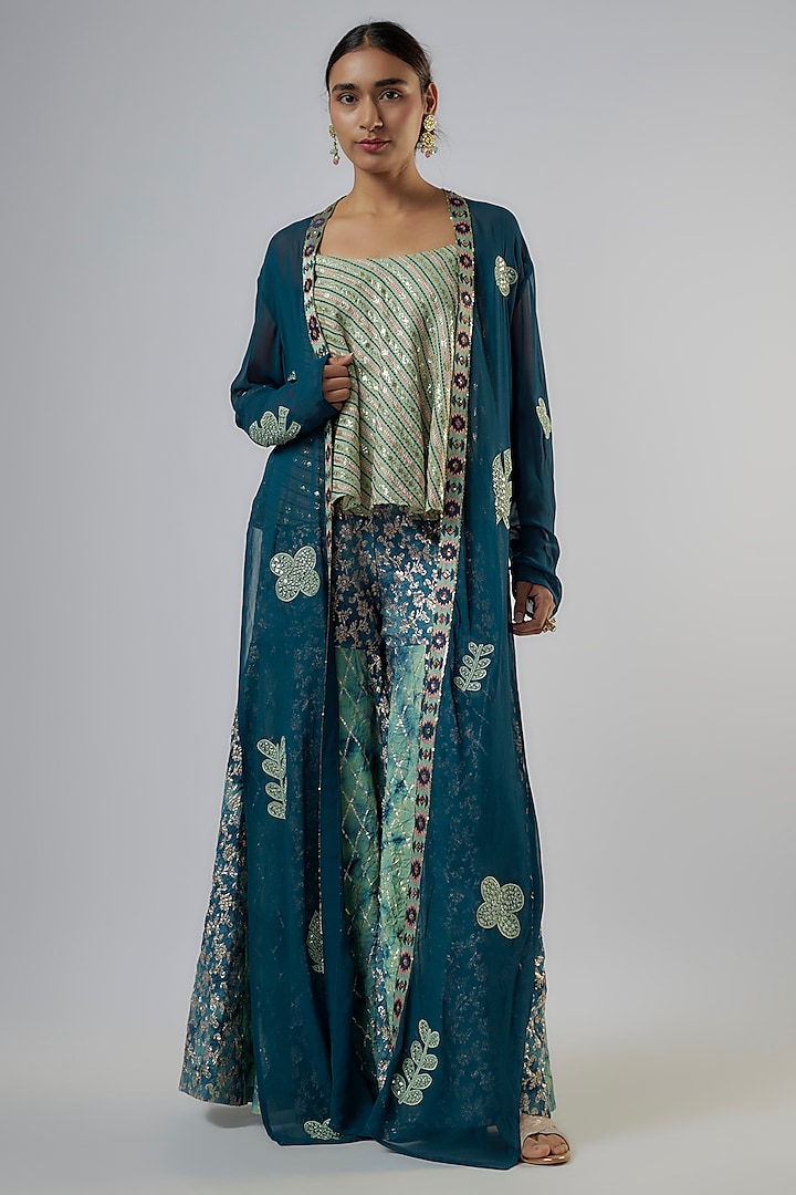 Navy Blue Georgette Thread Embroidered Cape Set by Vikram Phadnis